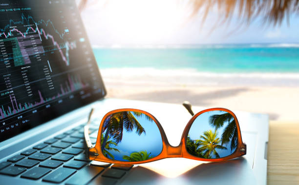 Art remote work in a tropical sea beach. Dream work office background