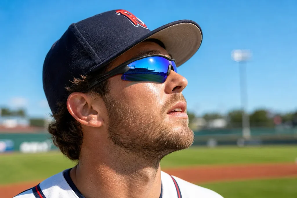 baseball player wearing wrap around sunglasses outfield