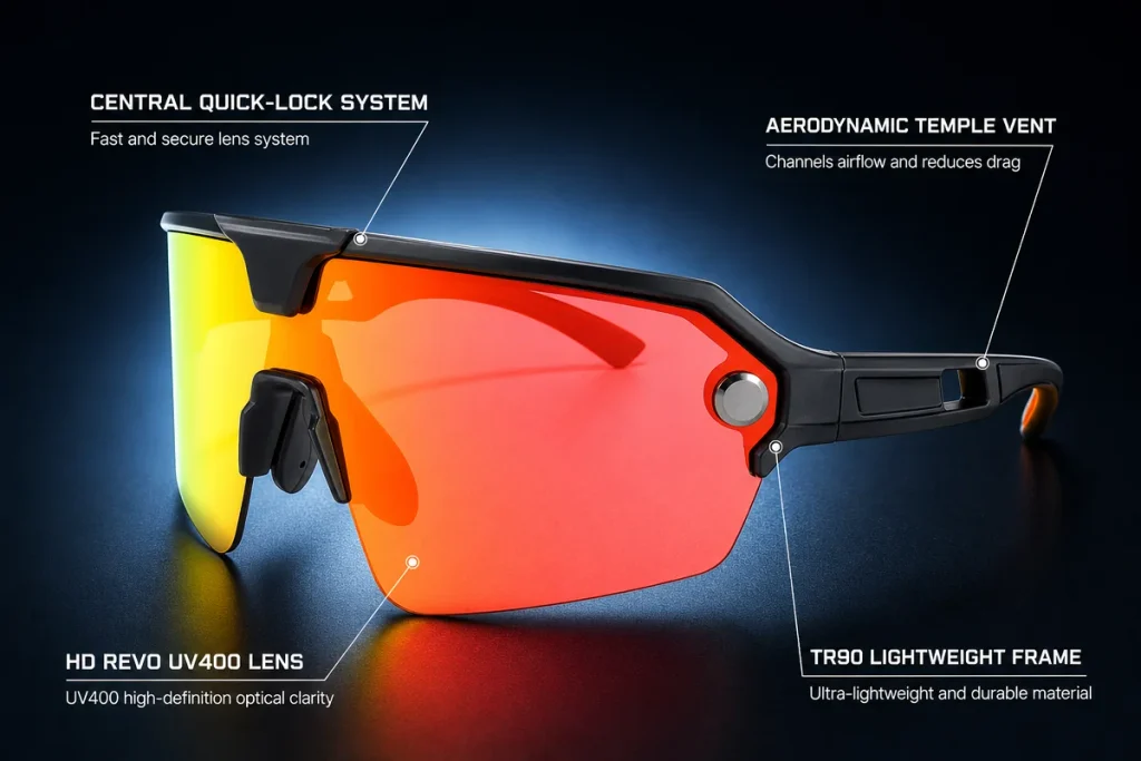 Close-up of the snap-lock lens mount and brow vent on a TR90 cycling sunglasses frame